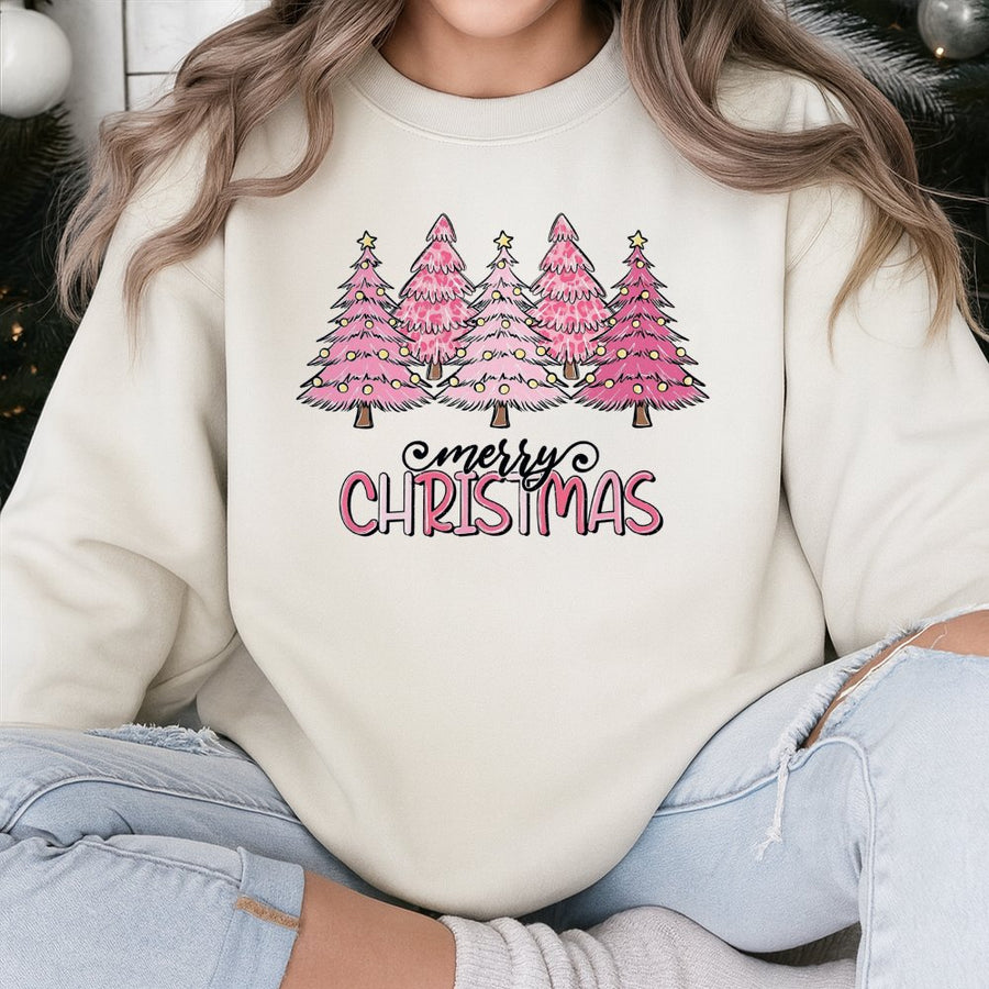Merry Christmas Sweatshirt | Pink Leopard Print Christmas Tree Design | Premium Cotton-Blend | Trendy Holiday Gift for Women and Her
