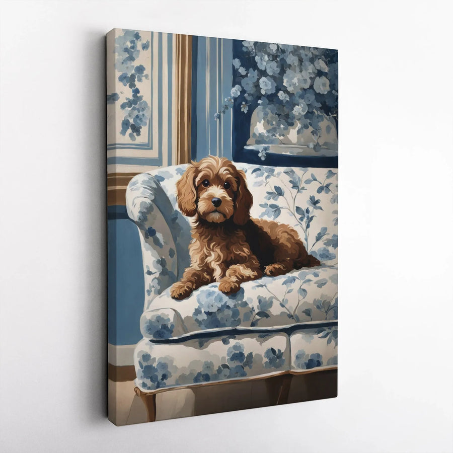 Cockapoo Canvas Wall Art | Vintage Dog Portrait on Blue Floral Chair | Premium Gallery Wrapped Canvas | Gift for Dog Mom & Preppy Home Decor