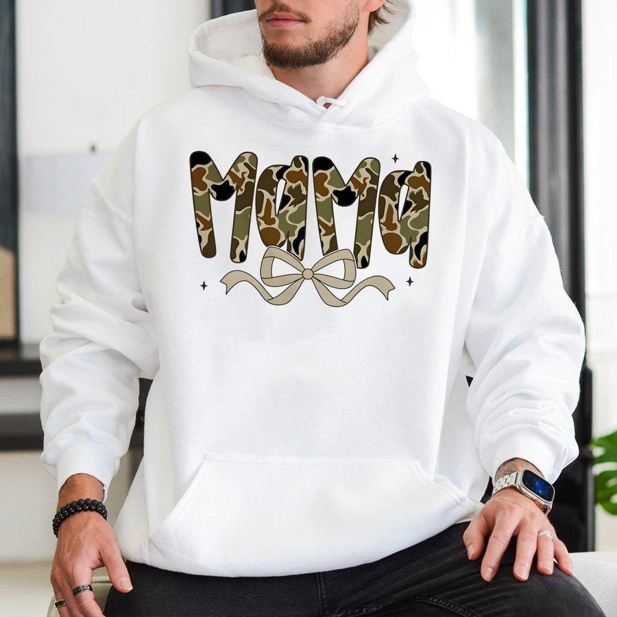 Mama Camo Hoodie with Bow | Preppy Duck Camouflage Graphic | Premium Cotton Blend Sweatshirt | Gift for Mom or Hunter Girlfriend