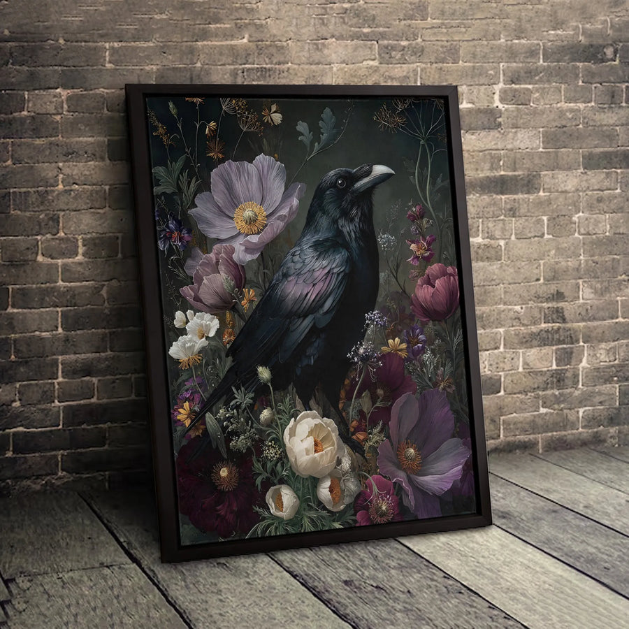 Gothic Raven Canvas Wall Art | Dark Moody Floral Botanical Print | Premium Gallery-Wrapped 1.25" Profile | Witchy Home Decor Gift