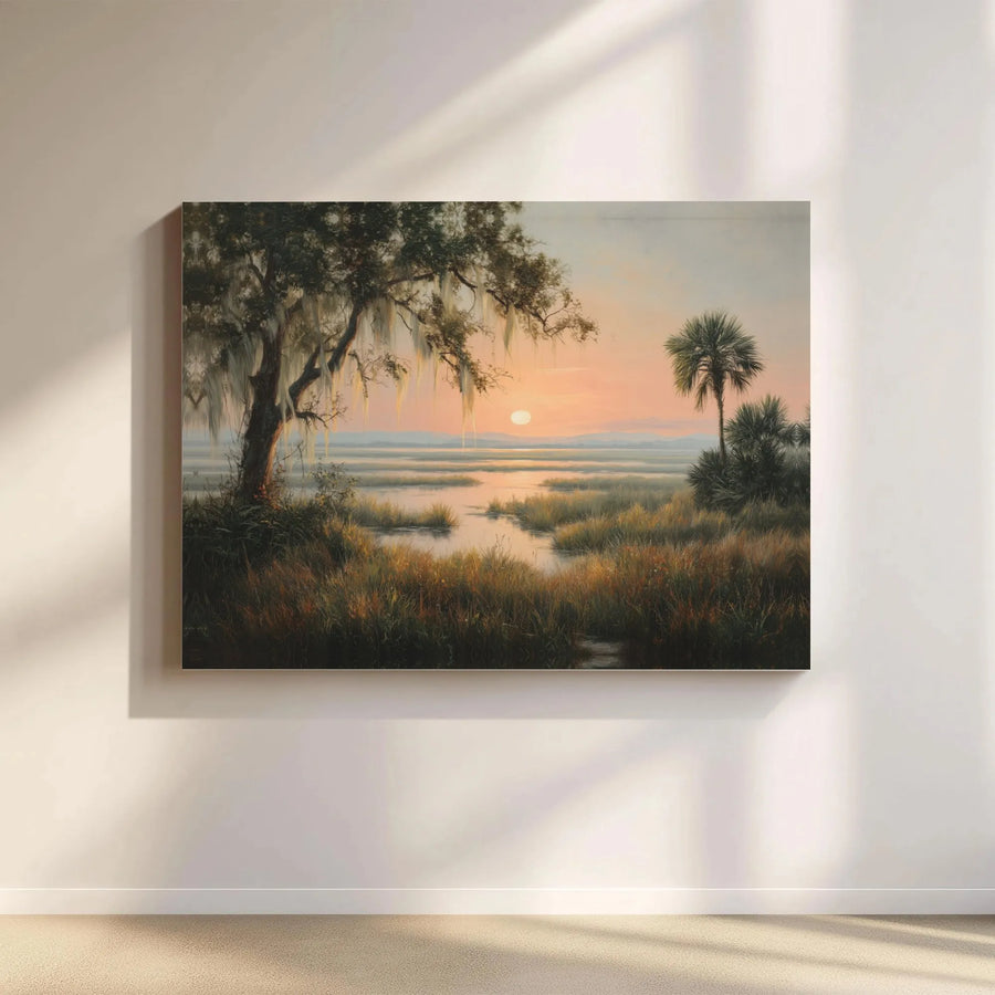 Southern Marshland Sunrise Canvas Art | Coastal Landscape With Spanish Moss | Premium Gallery Wrap Wall Decor | Nature Lover Gift