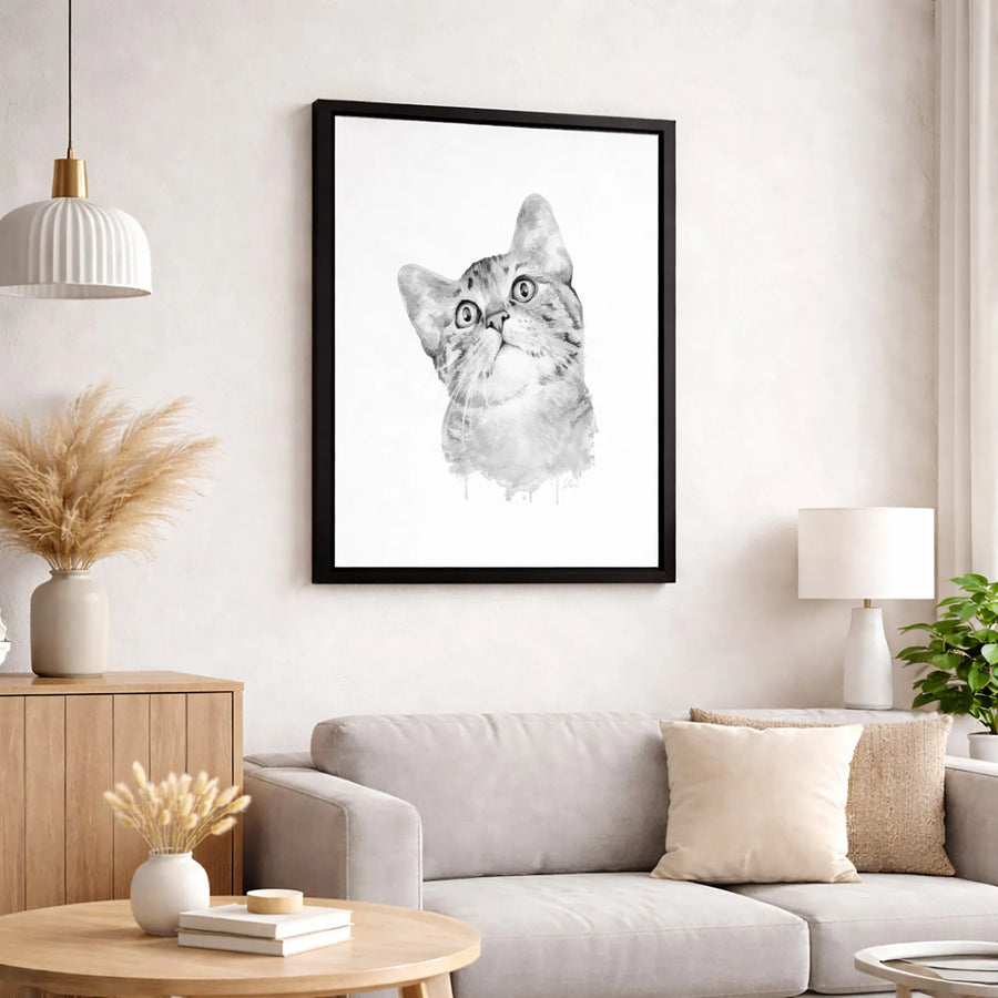 Curious Tabby Cat Canvas Print | Black and White Watercolor Portrait | Premium Gallery-Wrapped Wall Art | Modern Home Decor Gift for Cat Lovers