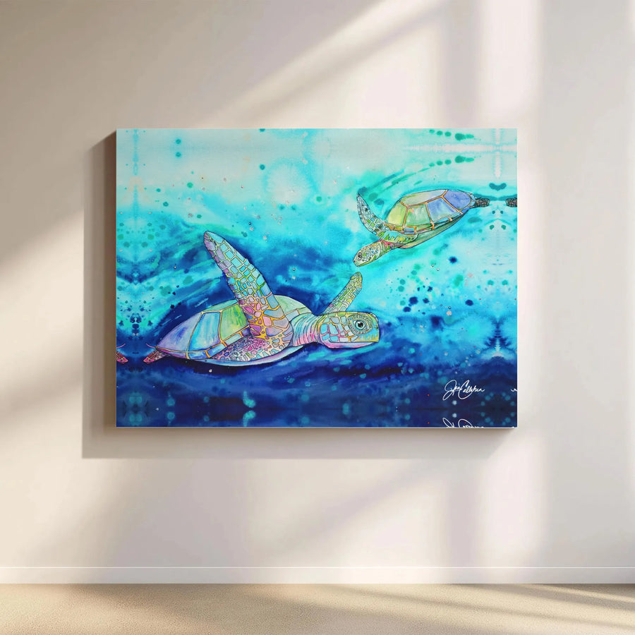 Sea Turtle Canvas Wall Art | Colorful Watercolor Ocean Painting | Premium Gallery Wrapped Canvas | Coastal Home Decor Gift