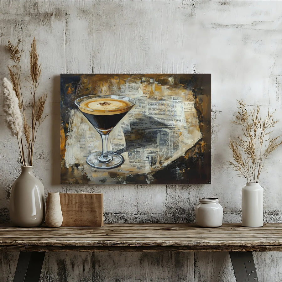 Espresso Martini Canvas Print | Abstract Cocktail Art on Newspaper Background | Premium Gallery-Wrapped Wall Decor | Bar Cart Gift for Coffee Lovers