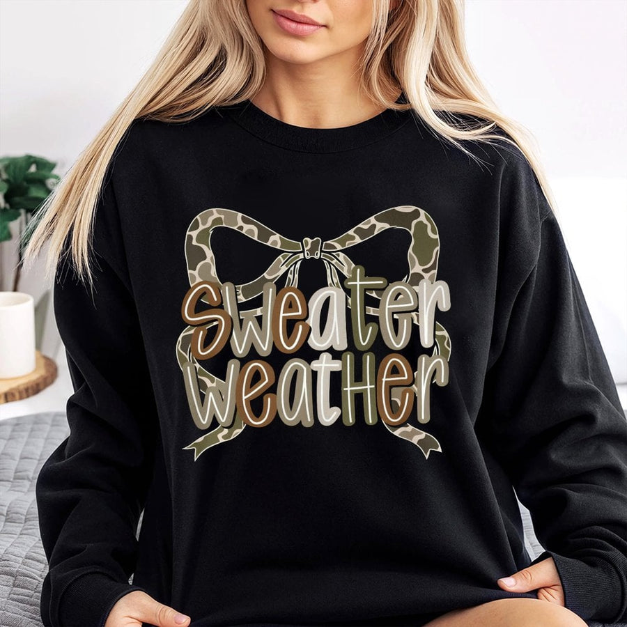 Sweater Weather Sweatshirt | Camo Coquette Bow Graphic Tee | Premium Cotton Blend | Trendy Fall Aesthetic Gift For Her