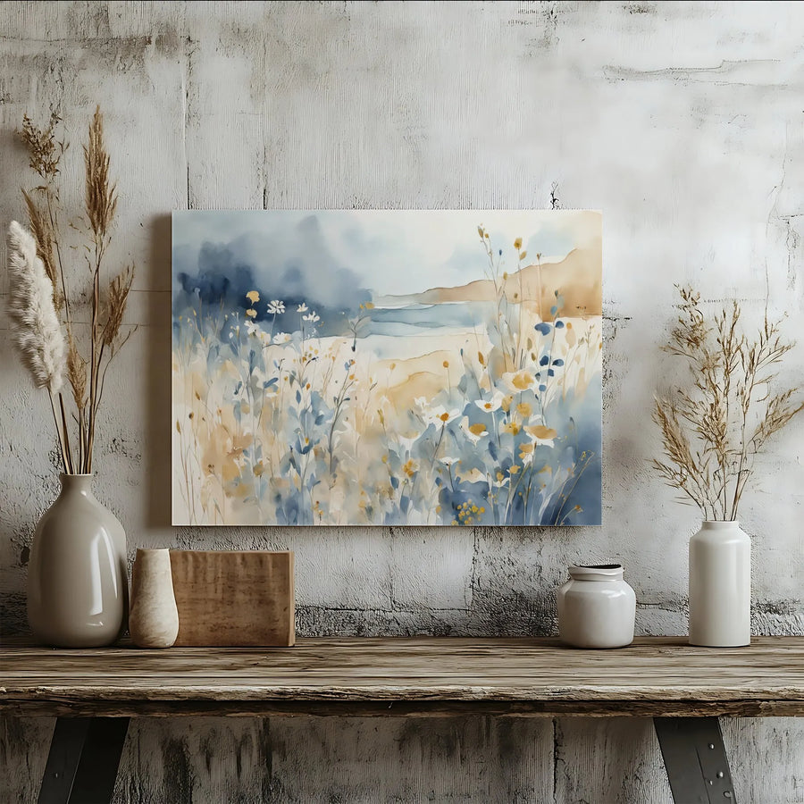 Coastal Wildflower Meadow Canvas | Watercolor Beach Landscape Art | Premium Gallery Wrapped Print | Serene Nature Home Decor Gift