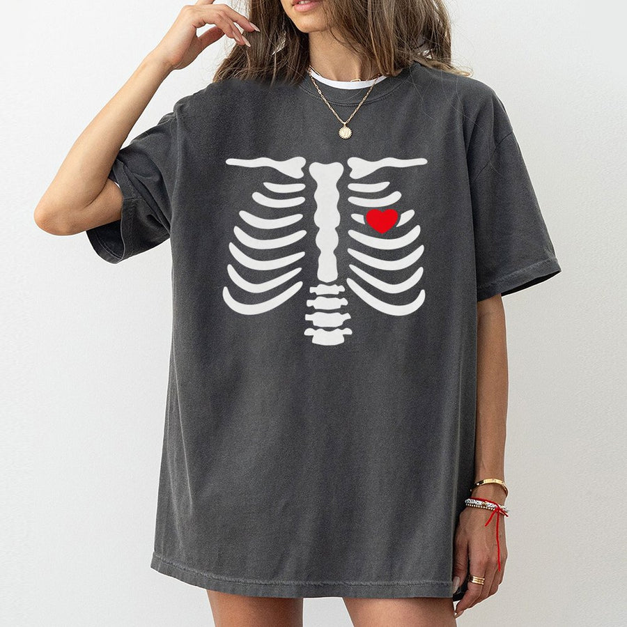 Skeleton Ribcage T-Shirt | Heart Print Halloween Design | 100% Cotton Premium Quality | Pregnancy Announcement Gift for Couples