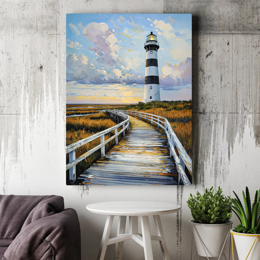 Lighthouse Painting Vertical Canvas | Impasto Style Coastal Seascape | Premium Frameless Wall Art | Nautical Beach House Decor Gift