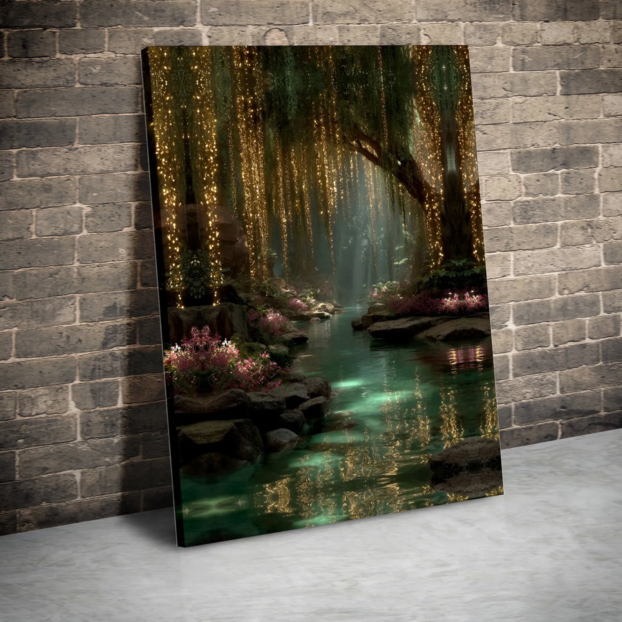 Enchanted Forest Canvas Wall Art | Fairy Light Weeping Willow River Print | 1.25 Inch Gallery Wrap | Magical Nature Home Decor Gift