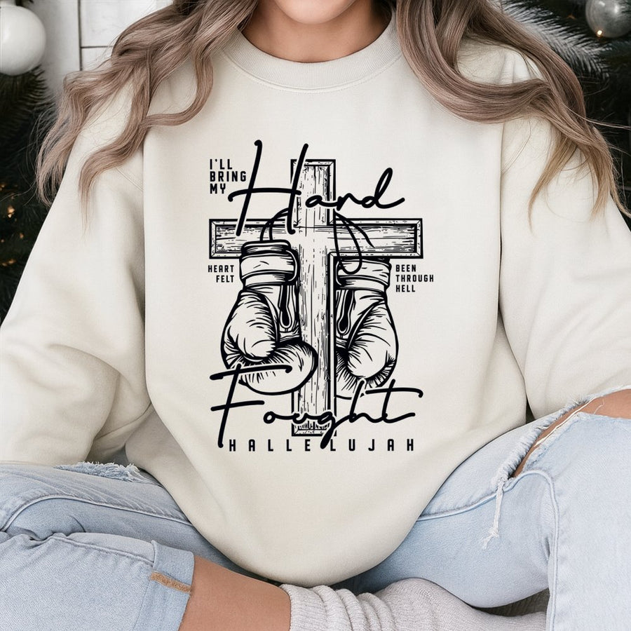 Hard Fought Hallelujah Sweatshirt | Boxing Cross Christian Design | Premium Cotton Blend | Faith-Based Religious Gift for Men and Women