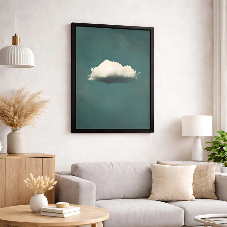 Minimalist Cloud Canvas Wall Art | Single White Cloud Teal Sky | Premium Gallery Wrapped Print | Modern Home Decor Gift For Bedroom Or Office