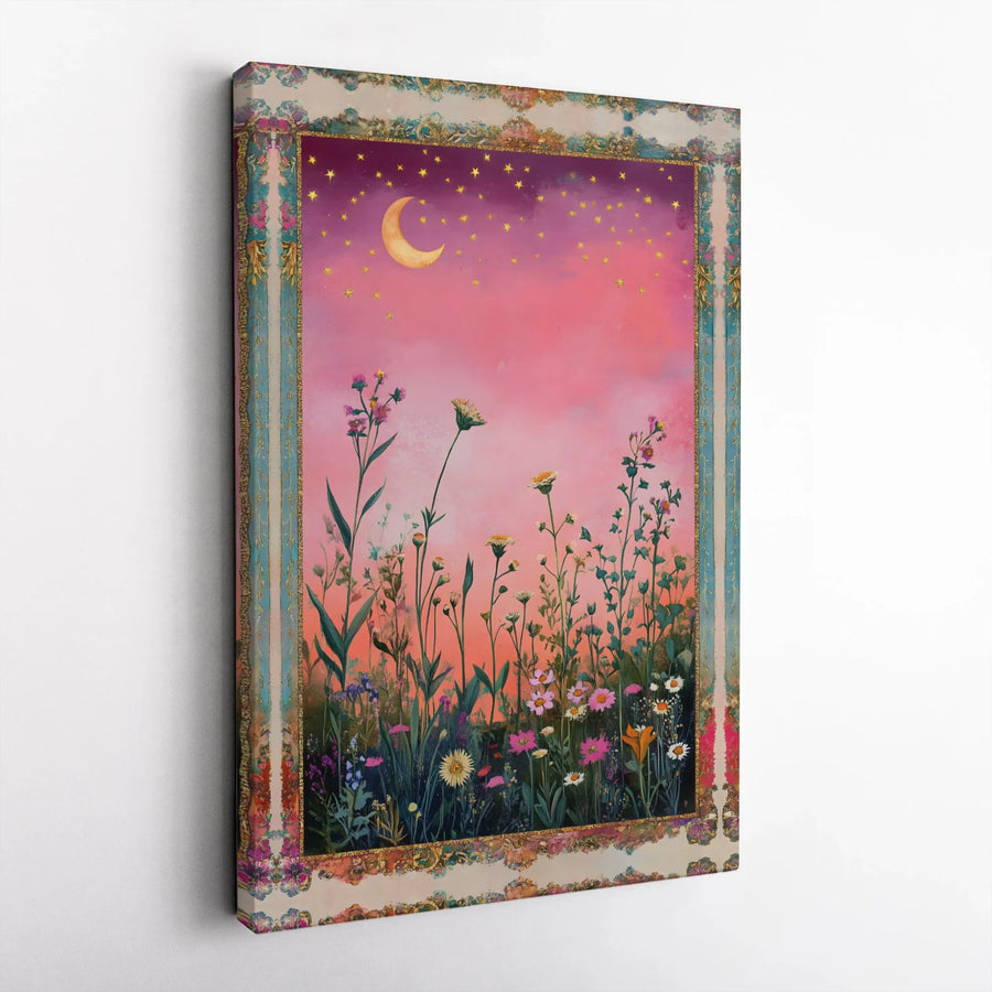 Wildflower Field Canvas Art | Dreamy Crescent Moon & Stars Floral Print | Premium Gallery Wrap Wall Decor | Boho Bedroom & Living Room Gift
