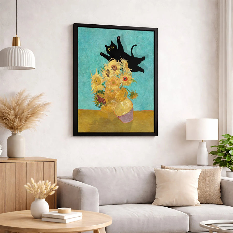 Black Cat Sunflowers Canvas | Funny Van Gogh Parody Wall Art | Gallery Quality 1.25" Profile | Whimsical Gift for Cat Lovers