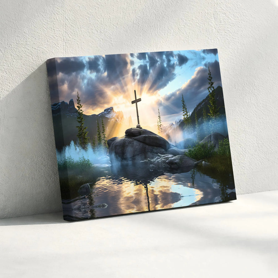Christian Cross Canvas Wall Art | Mountain Lake Sunrise Print | Premium Gallery Wrapped Canvas | Spiritual Gift for Christian Home Decor