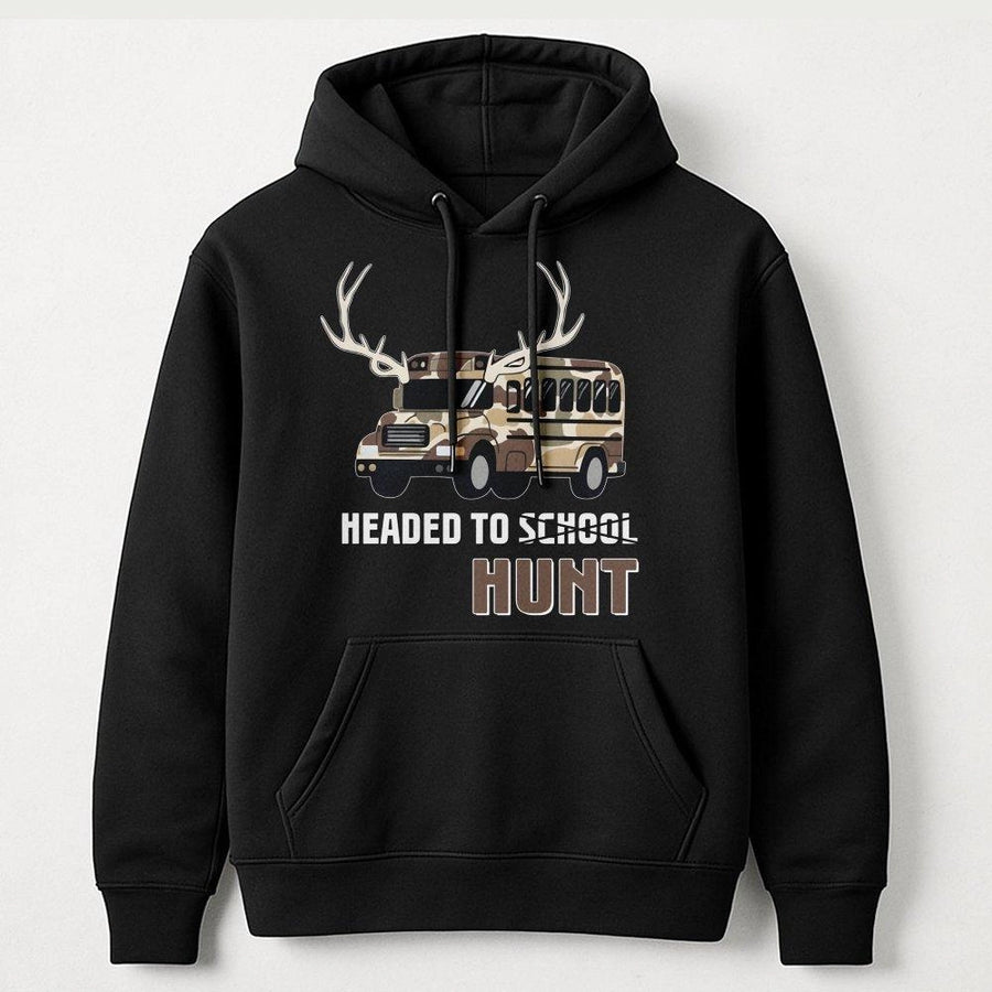 Headed To Hunt Hoodie | Camo School Bus Deer Antlers Graphic | Premium Cotton Blend | Gift For Hunters And Country Boys