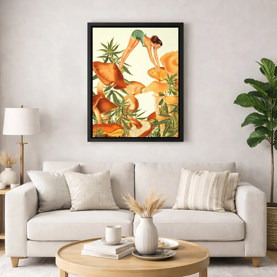 Vintage Pin Up Girl Canvas | Retro Mushroom and Marijuana Aesthetic Art | Premium 1.25 Inch Thick Gallery Wrap | Unique Boho Wall Decor for Home