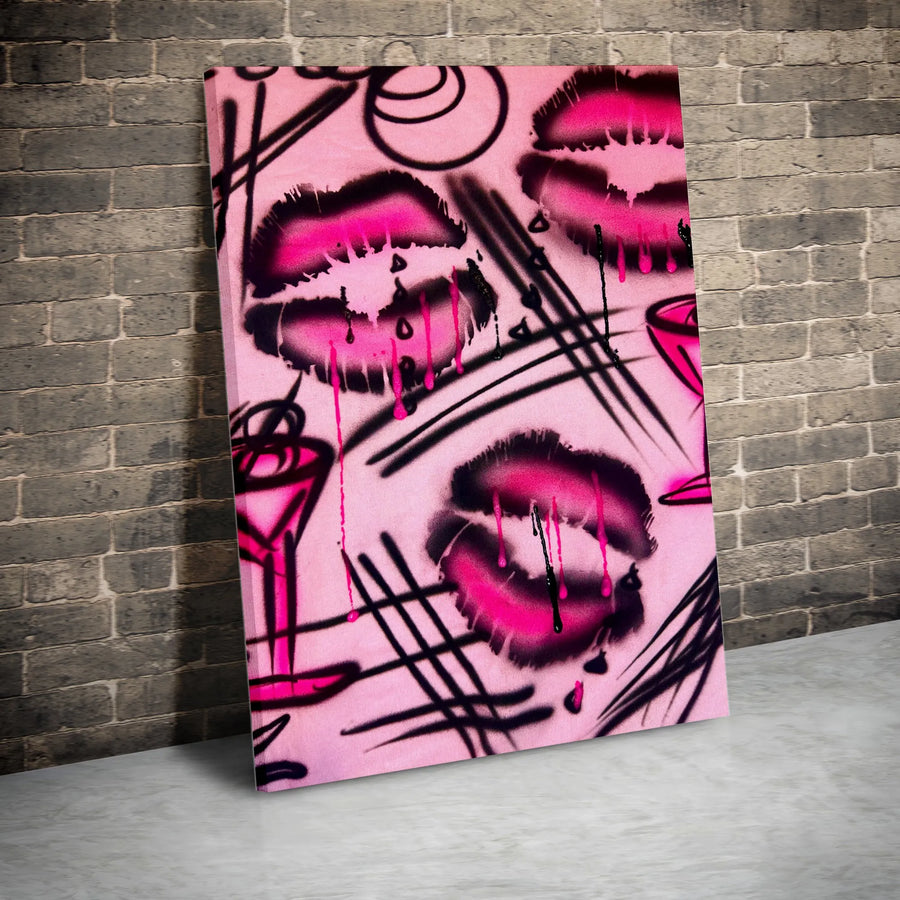 Pink Lips Graffiti Canvas Print | Street Art Martini Glass Decor | Gallery Quality Premium Wall Art | Edgy Chic Bedroom Living Room Gift