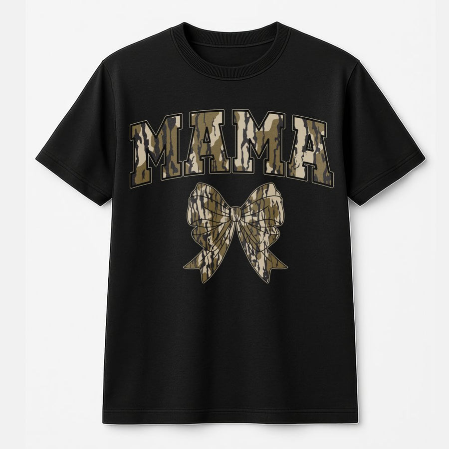 Camo Mama T-Shirt | Trendy Camouflage Bow Graphic | Premium 100% Cotton Tee | Gift for Outdoorsy Mom, Hunter Wife, Country Style Outfit