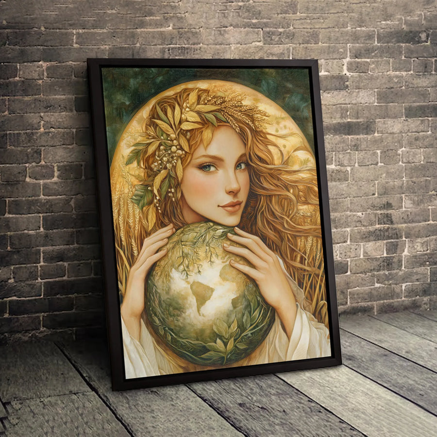 Mother Earth Wall Art | Goddess Holding Globe with Wheat Crown | Premium Gallery Canvas | Nature Lover Spiritual Home Decor Gift