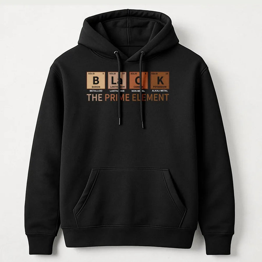 Black Prime Element Hoodie | Periodic Table Graphic Sweatshirt | Cotton Blend Unisex Pullover | Meaningful Cultural Gift for Men and Women