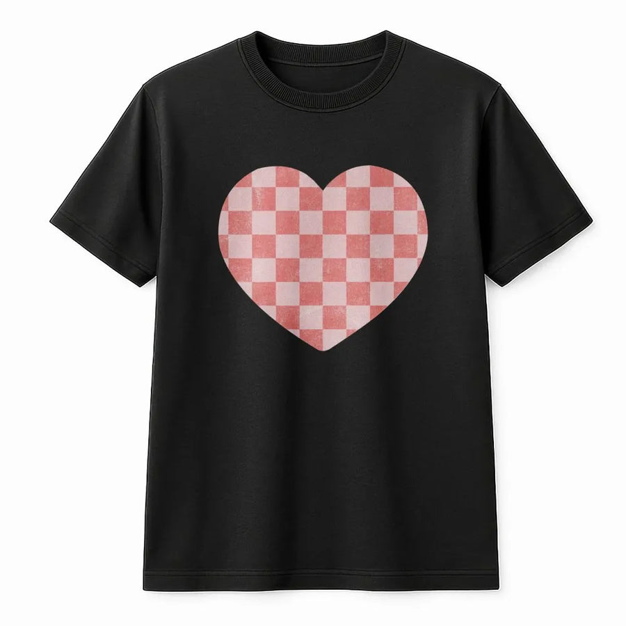 Checkered Heart T-Shirt | Pink Checkerboard Aesthetic Graphic | 100% Cotton Premium Tee | Cute Valentine's Day Gift for Women & Girls