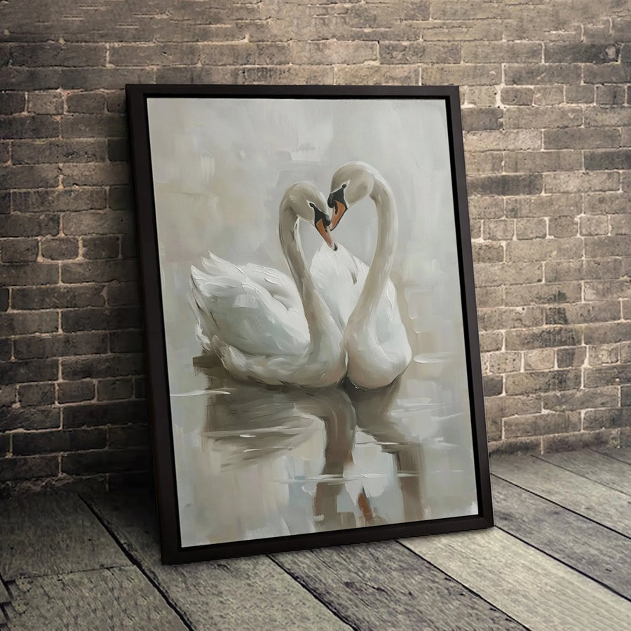 Décoration murale Cœur de cygne | Peinture romantique sur toile | Décoration haut de gamme sur châssis | Cadeau de mariage ou d'anniversaire