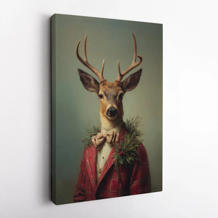 Dapper Deer Canvas Wall Art | Christmas Red Plaid Suit Portrait | Premium Gallery Wrap Decor | Holiday Lodge Farmhouse Gift
