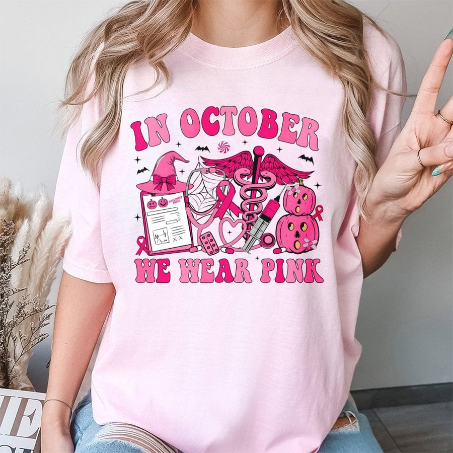 In October We Wear Pink T-Shirt | Breast Cancer Awareness Halloween Nurse Graphic | 100% Cotton Premium Tee | Supportive Gift for Healthcare Workers