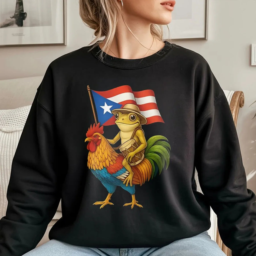 Puerto Rican Coqui Frog Sweatshirt | Boricua Heritage Rooster Design | Premium Cotton Blend Crewneck | Cultural Puerto Rico Pride Gift