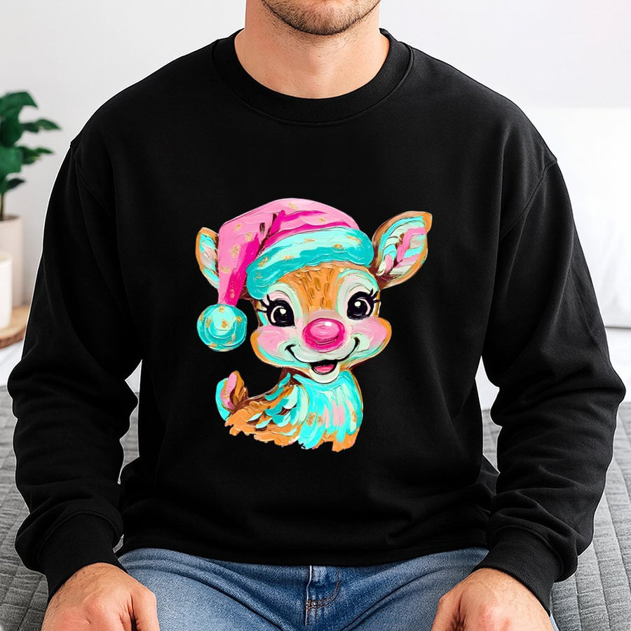 Retro Reindeer Christmas Sweatshirt | Colorful Brushstroke Holiday Art | Soft Cotton Blend Unisex Pullover | Festive Gift For Her Him