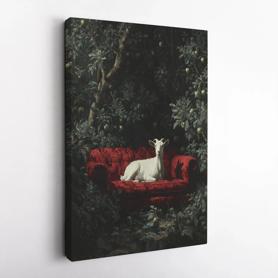 Surreal Goat Canvas Wall Art | Vintage Painting Style on Red Velvet Couch | Premium Thick Gallery Canvas | Unique Gift for Eclectic Home Decor