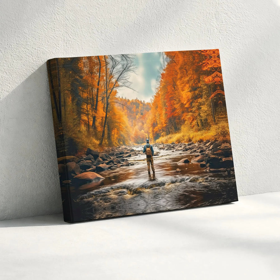 Fly Fishing River Canvas Wall Art | Autumn Forest Landscape Print | Premium Gallery Wrap | Cabin Decor Gift for Fisherman