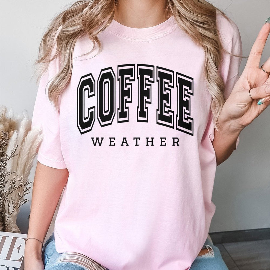 Coffee Weather T-Shirt | Retro Varsity Lettering Graphic Tee | Premium 100% Cotton | Cozy Fall Gift for Coffee Lovers