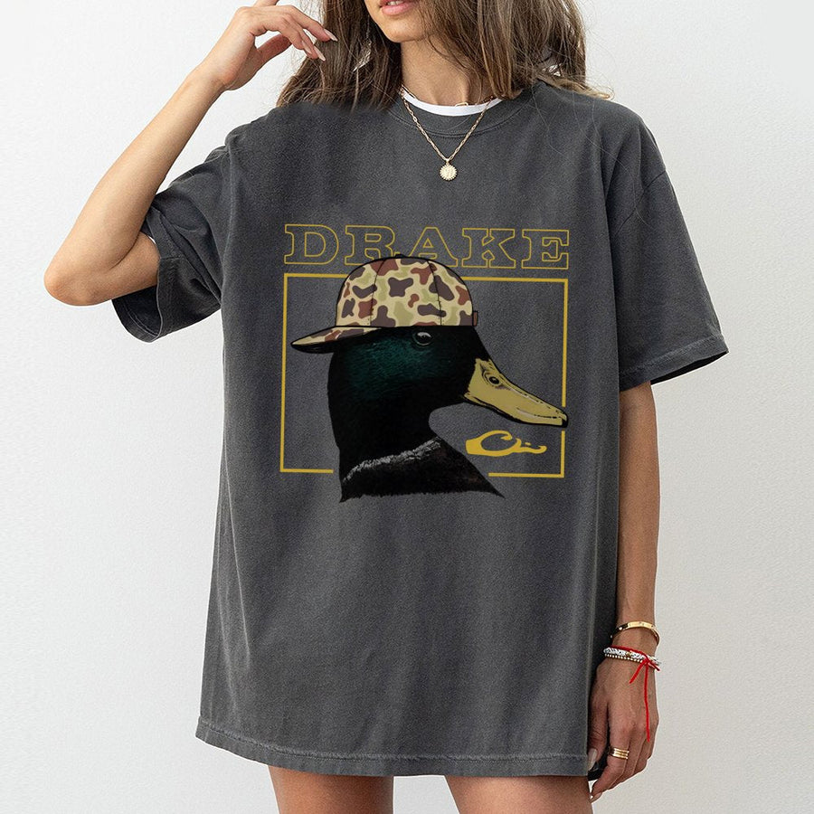 Duck Hunting T-Shirt | Mallard in Camo Hat Retro Graphic | 100% Cotton Premium Apparel | Gift for Outdoorsman and Waterfowl Hunter