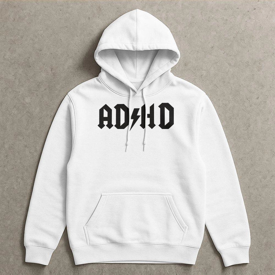 ADHD Hoodie | Rock Band Font Graphic | Premium Cotton Blend | Funny Mental Health Awareness Gift for Him or Her
