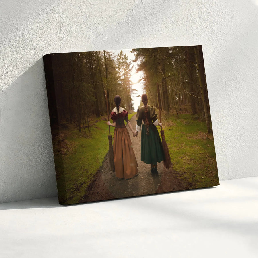 Witch Sisters Canvas Wall Art | Coven Friendship on Forest Path | Premium Fade-Resistant Print | Wiccan Home Decor Gift for Best Friend