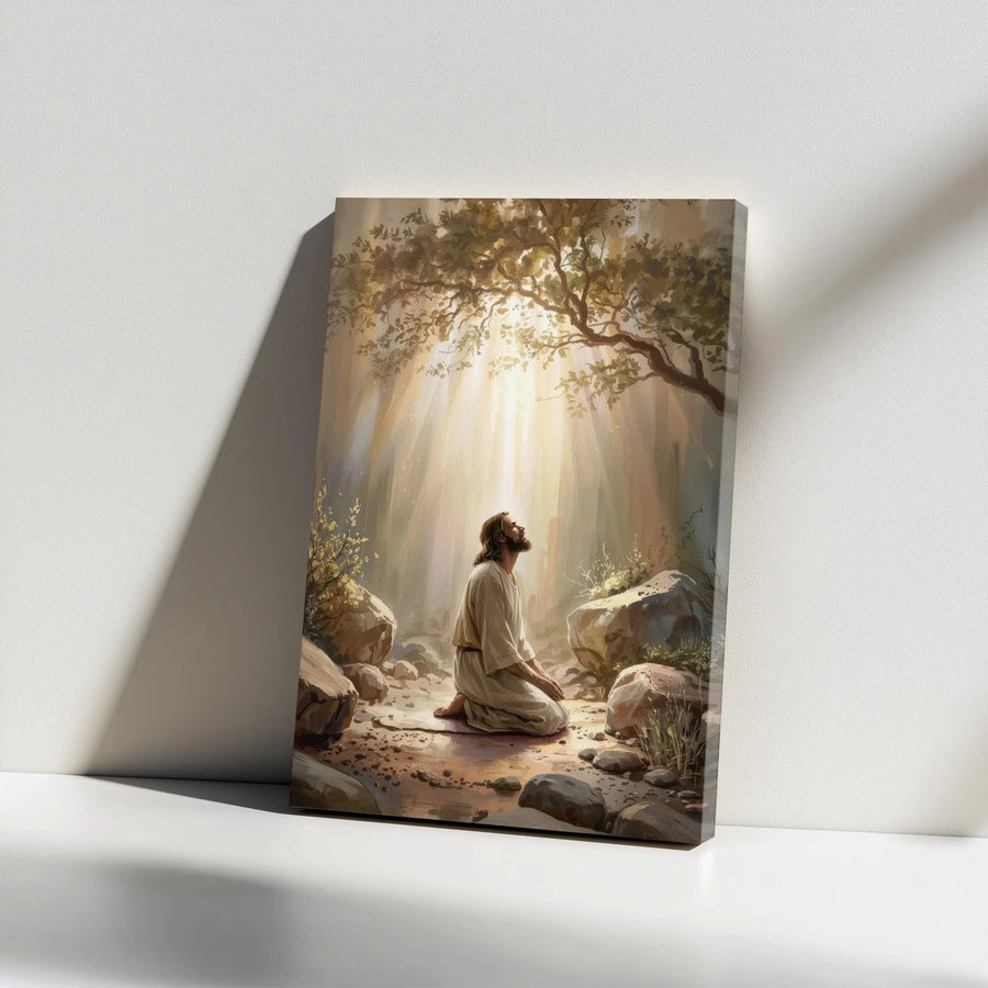 Jesus Praying Canvas Print | Divine Light Gethsemane Scene | Premium 1.25-inch Gallery Wrap | Christian Home Decor & Religious Gift