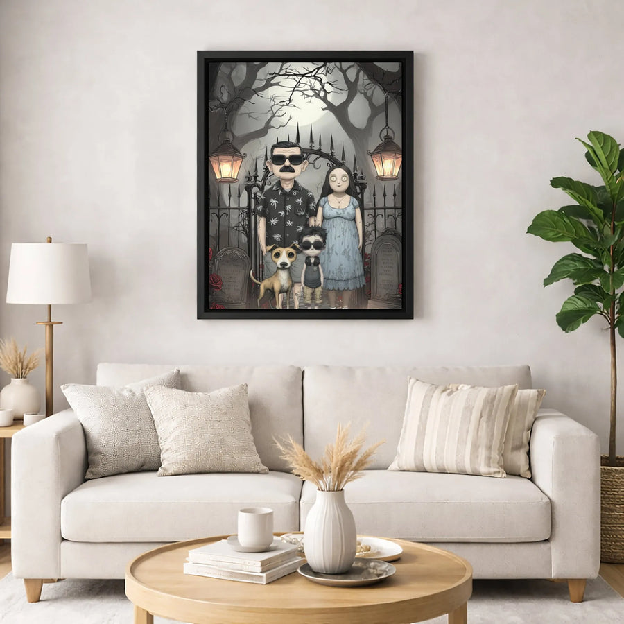 Gothic Family Portrait Canvas Art | Spooky Cemetery Illustration | Premium 1.25 Inch Gallery Wrap | Unique Alternative Home Decor Gift