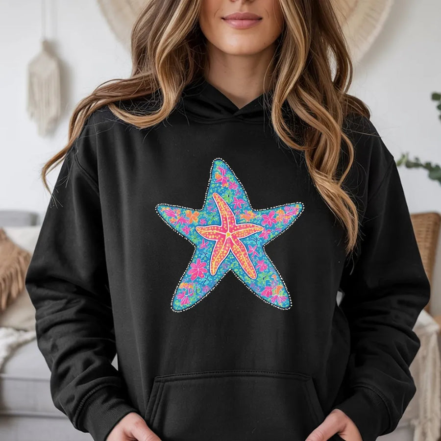 Preppy Starfish Hoodie | Colorful Coastal Floral Graphic | Soft Cotton Blend Crewneck | Unisex Summer Vacation Gift