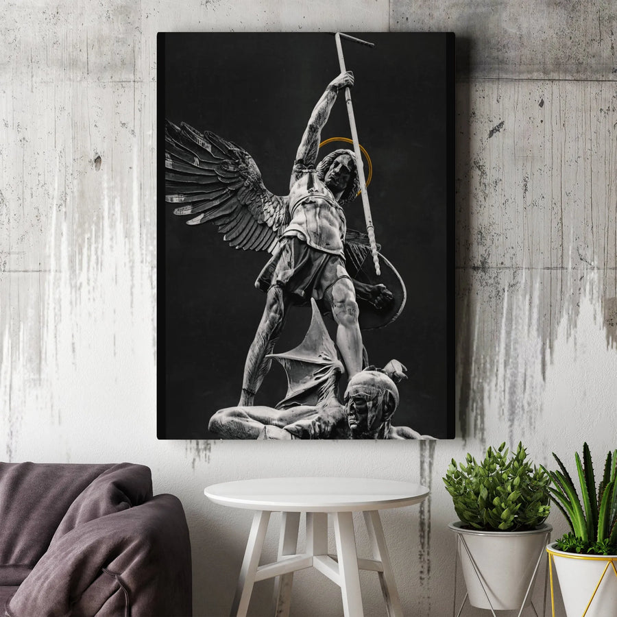 Saint Michael The Archangel Canvas | Archangel Michael Defeating Satan Art | 1.25" Gallery Wrap Premium Print | Religious Home Decor Gift
