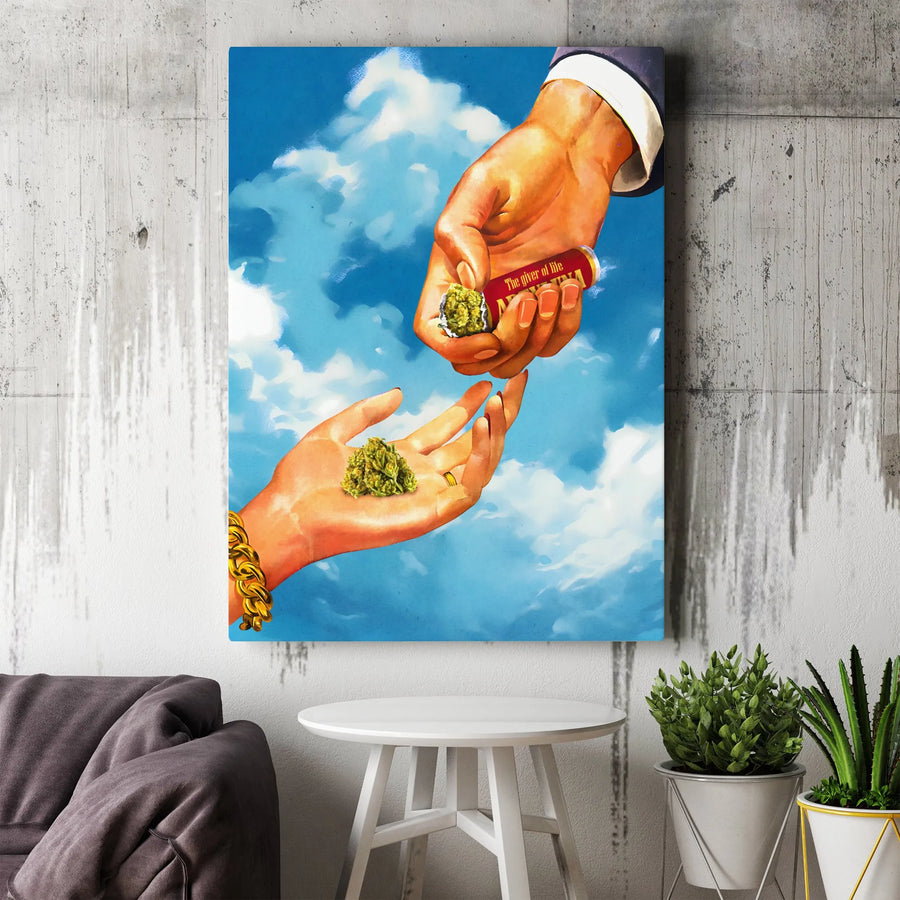Cannabis Creation Wall Art Canvas | Retro God's Touch Parody Print | Premium Gallery Wrapped Canvas | Unique Stoner Gift for 420 Room Decor