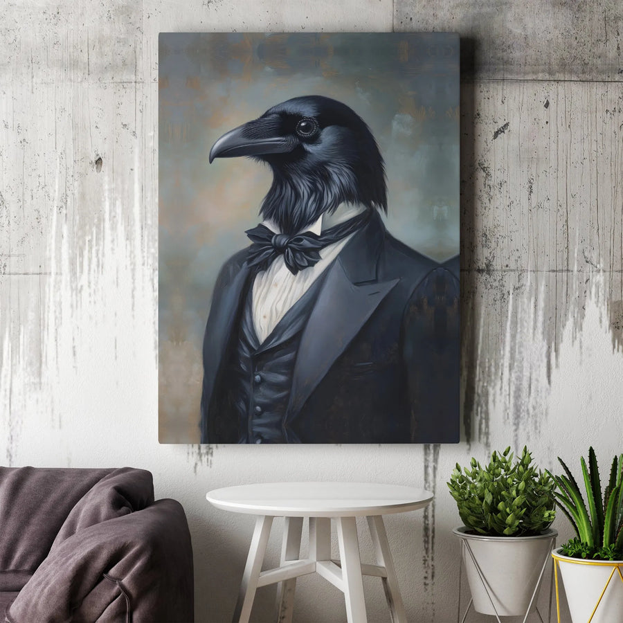 Anthropomorphic Crow Canvas Art | Dapper Raven in Tuxedo Portrait | Gallery Wrapped Premium Print | Unique Gothic Home Decor Gift