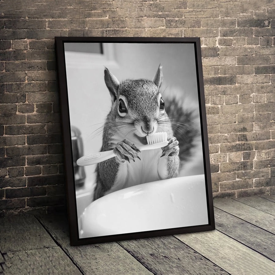 Funny Squirrel Brushing Teeth Canvas Art | Whimsical Bathroom Animal Photography | Premium 1.25-Inch Gallery Wrap | Quirky Gift for Bathroom Decor