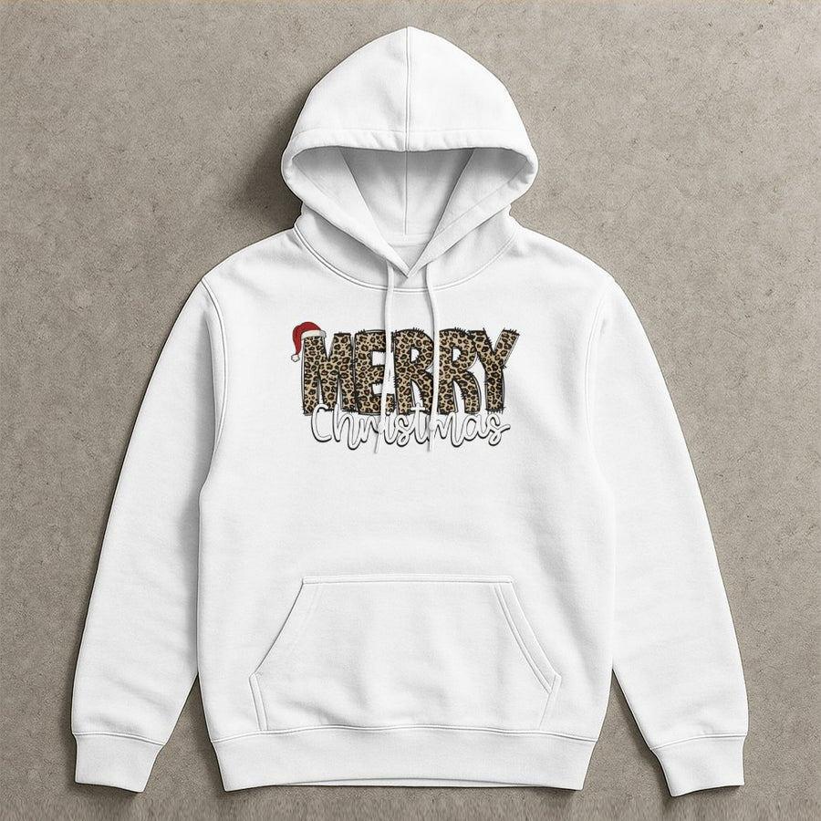 Merry Christmas Hoodie | Leopard Print Santa Hat Design | Soft Cotton-Polyester Blend | Cozy Holiday Gift for Women