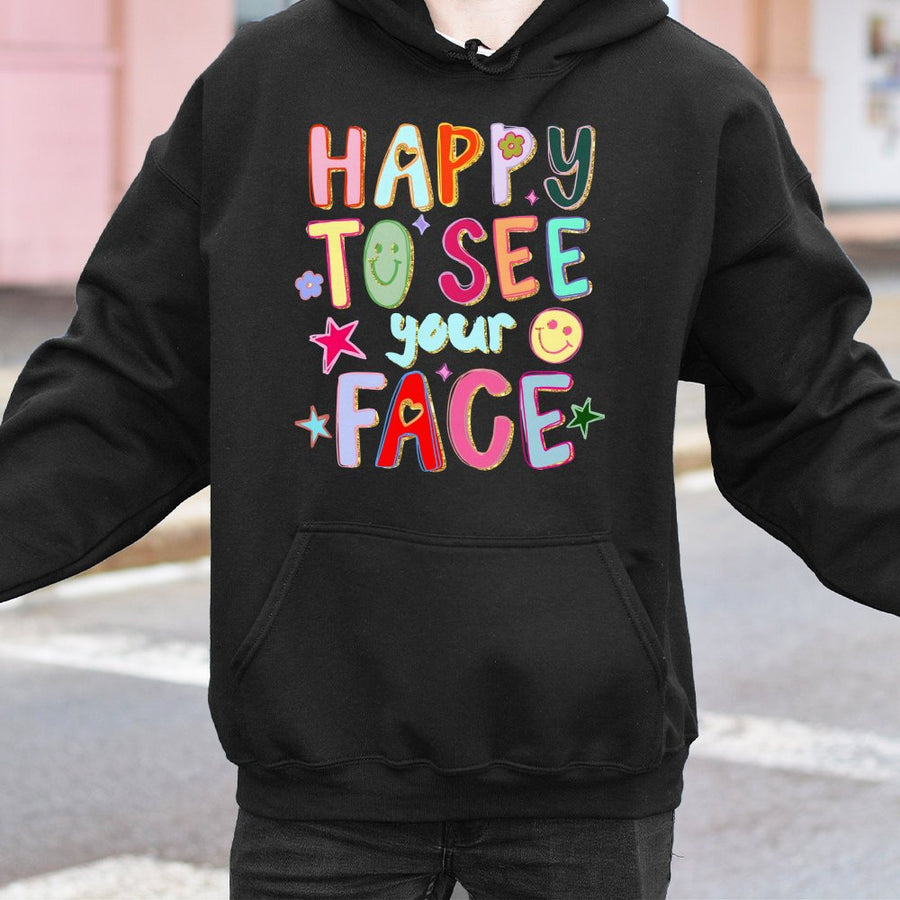 Happy To See Your Face Hoodie | Retro Smiley Graphic Sweatshirt | Premium Cotton Blend | Positive Vibe Aesthetic Gift for Women and Men