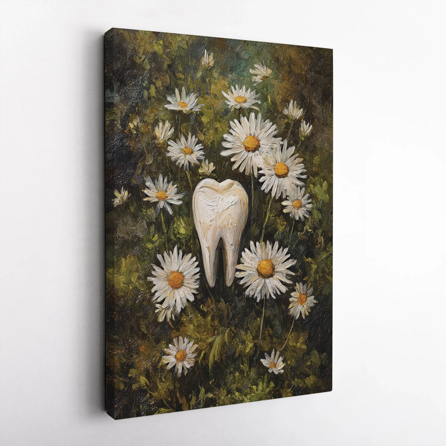Tooth Canvas Wall Art | Floral Molar Painting with Daisies | Premium Gallery-Wrapped Print | Unique Dentist Office Decor & Dental Gift