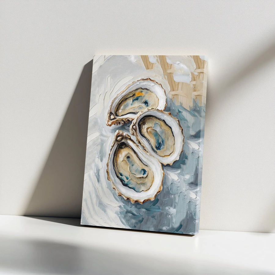 Three Oysters Canvas Wall Art | Impasto Coastal Oil Painting Style | Premium Gallery Wrap Print | Nautical Beach House Decor Gift