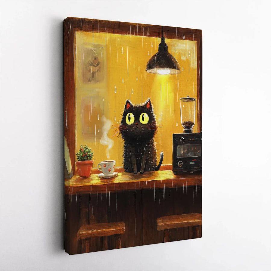 Black Cat Coffee Shop Canvas | Rainy Day Cafe Illustration | 1.25 Inch Gallery Wrap Premium Wall Art | Cozy Kitchen Decor Gift for Cat Lovers