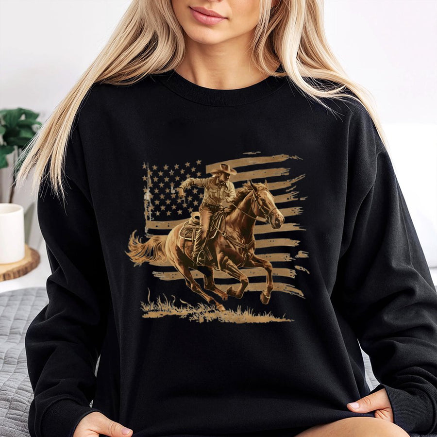 Western Cowboy Horse Sweatshirt | Patriotic American Flag Graphic | Premium Cotton Blend Crewneck | Unisex Country Style Gift for Men and Women