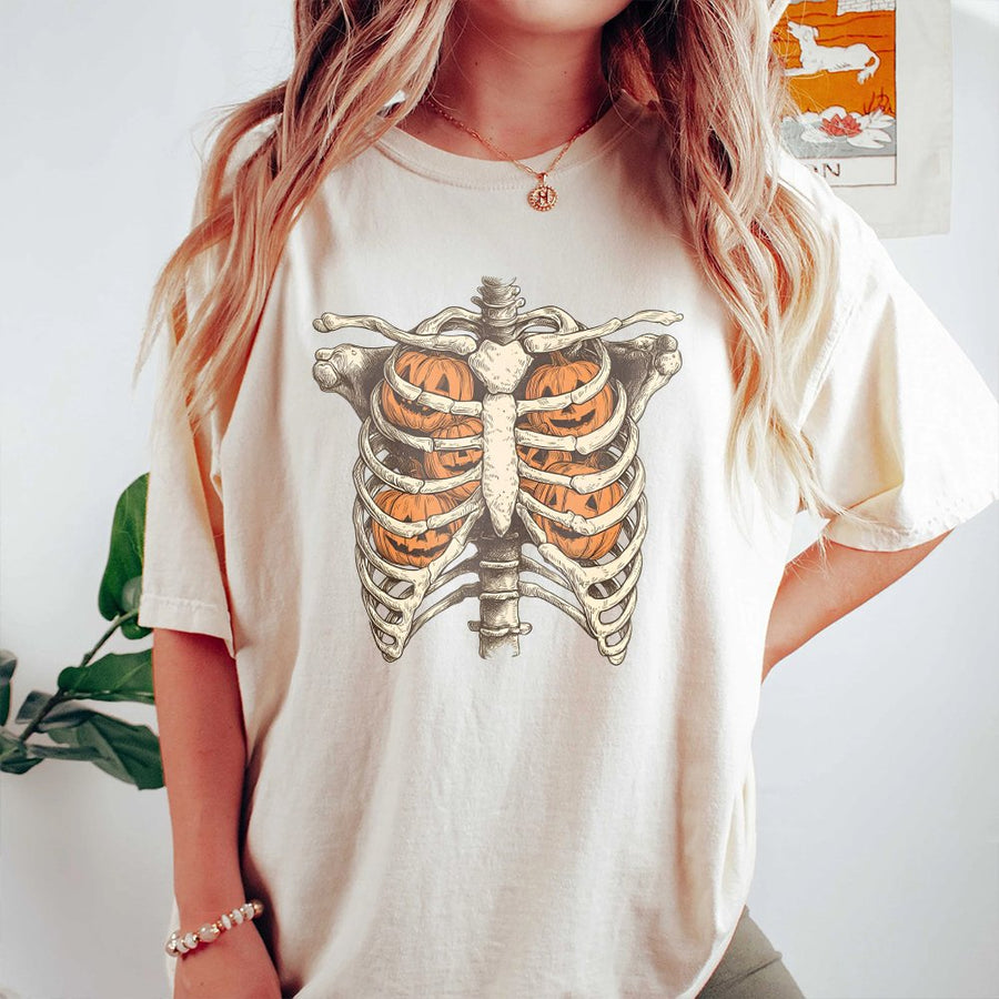 Skeleton Ribcage Pumpkin T-Shirt | Retro Halloween Graphic Tee | 100% Cotton Premium Comfort | Spooky Fall Gift for Women & Men
